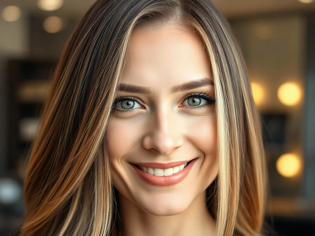 Uśmiechnięta kobieta z jasnymi pasemkami okalającymi twarz, prezentująca technikę koloryzacji face framing w salonie fryzjerskim.
