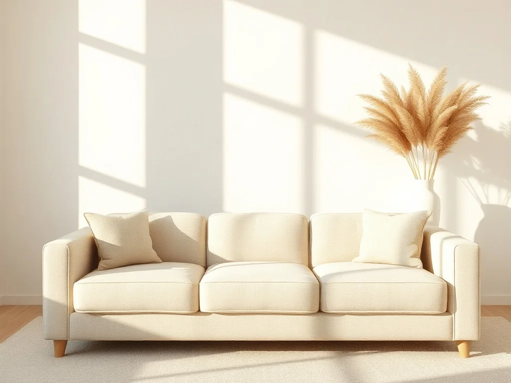 Minimalistyczny salon w odcieniach beżu z wygodną sofą, wazonem z trawą pampasową i przytulnym, naturalnym oświetleniem.