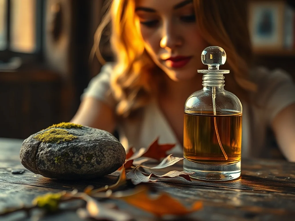 Szklany flakon perfum na drewnianym stole w otoczeniu mchu i liści dębu, nawiązujący do ziemistych nut zapachów szyprowych.