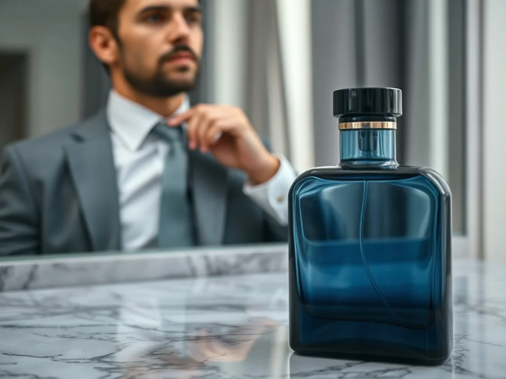 Elegancka butelka wody kolońskiej na marmurowym blacie, w tle mężczyzna poprawiający krawat przed lustrem.