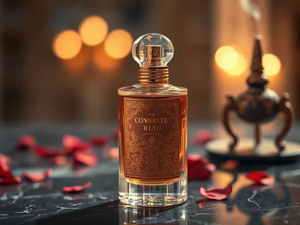 Elegancki flakon perfum ze złotymi zdobieniami na marmurowym blacie w otoczeniu płatków róż i kadzidła.