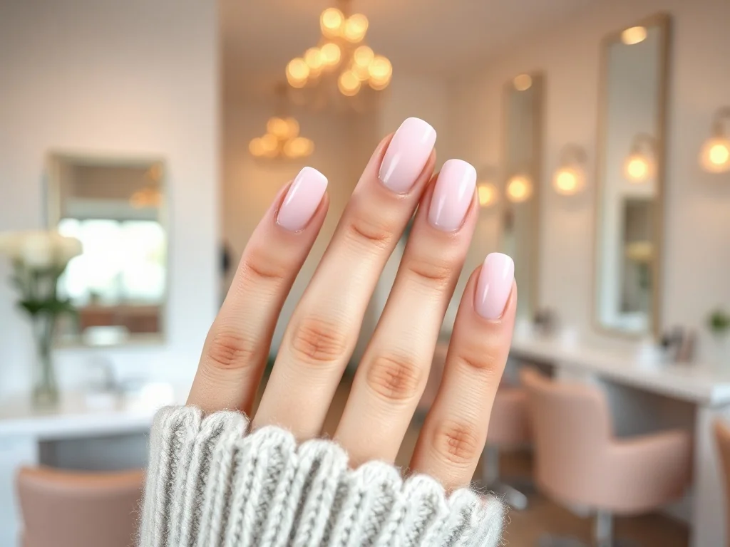 Zbliżenie na dłonie z eleganckim manicure typu babyboomer z płynnym przejściem od różu do bieli w minimalistycznym salonie.