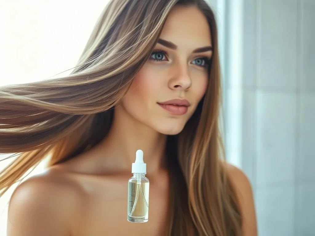 Błyszczące, zdrowe włosy kobiety obok eleganckiej buteleczki serum do włosów w jasnym, łazienkowym wnętrzu.
