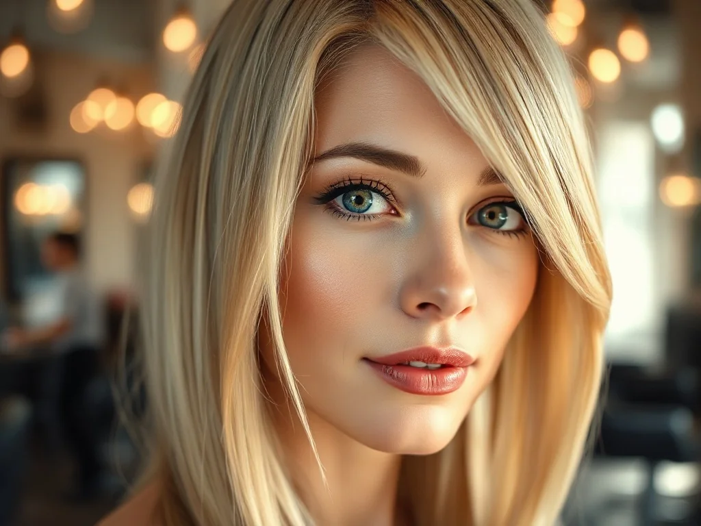 Kobieta z miodowymi blond włosami w profesjonalnym salonie fryzjerskim, prezentująca odcień idealny dla jasnej karnacji.